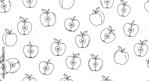 Seamless black and white pattern of simple hand-drawn apples both whole and cut in half on a clean white background.