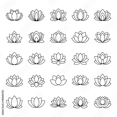 Collection of Various Lotus Flower Icons and Vector Illustrations for Design