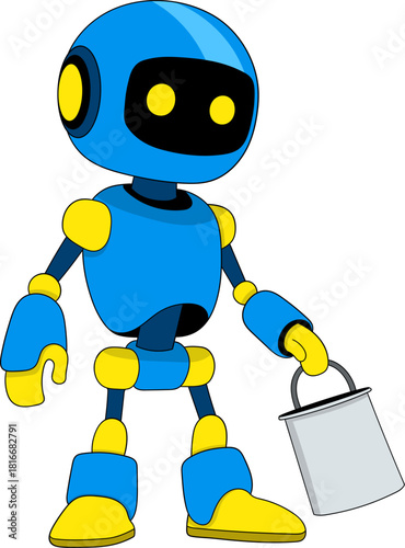 Household Assistant Robot Carrying Bucket in Friendly Cartoon Illustration