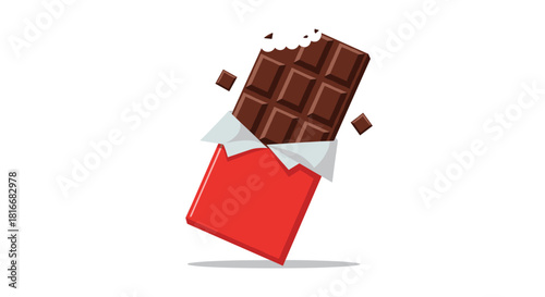 Delicious milk chocolate bar with a bite taken out of it is partially unwrapped from its red packaging on a white background.