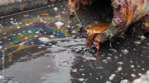 Black effluent pours from a rusty pipe into contaminated water with iridescent sheen and bubbles