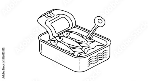 Open tin of sardines with a key for opening shown in a simple black and white line art style for food illustration.