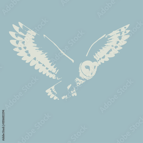 Stylized light-colored barn owl in flight with wings spread against a soft blue background.