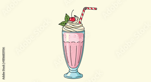 Classic strawberry milkshake in a tall glass topped with whipped cream a cherry and a striped straw in a retro illustration.