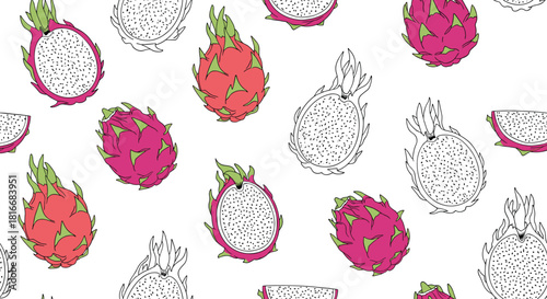 Seamless pattern of whole and sliced dragon fruit or pitaya in a colorful hand-drawn sketch style on a white background.