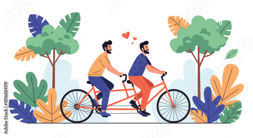 Happy gay couple with beards ride a tandem bicycle together through a lush green park with colorful foliage and small hearts.