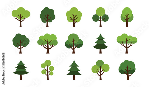 Collection of diverse green tree illustrations in flat style, perfect for eco-friendly designs and nature-themed projects