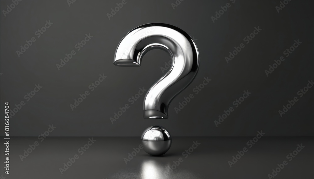 Naklejka premium Shiny chrome question mark floats above sphere on gray studio surface. Abstract symbol represents query, thought, or mystery. Minimalist 3D graphic.