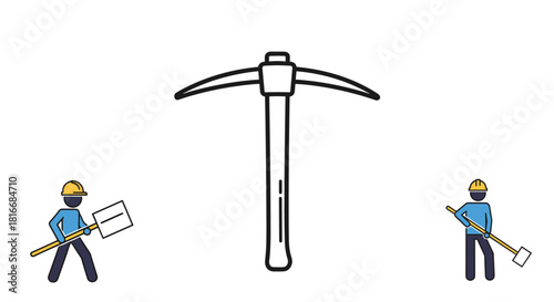 Cartoon illustration of two construction workers with shovels and a large pickaxe in the center.