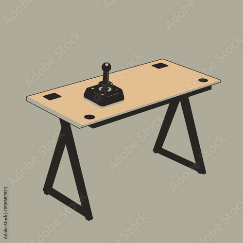 A light brown desk with black legs and a black joystick on top, against a plain grey background.