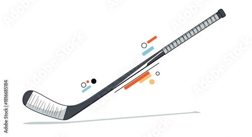 A graphic illustration of a hockey stick with abstract colorful shapes in the background.