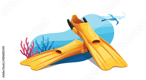 Yellow scuba diving fins resting on a blue water background with coral and a distant bird.