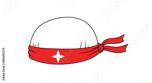 Cartoon drawing of a white round head wearing a red bandana with a white star symbol.