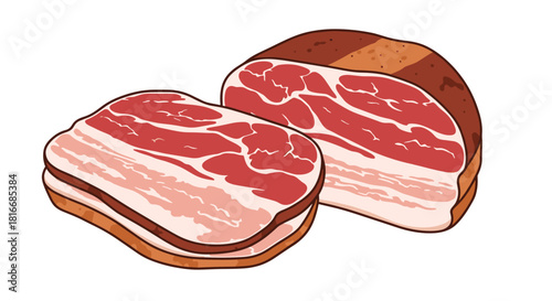 Illustration of two cuts of pork belly, one stacked and sliced, the other a larger block.