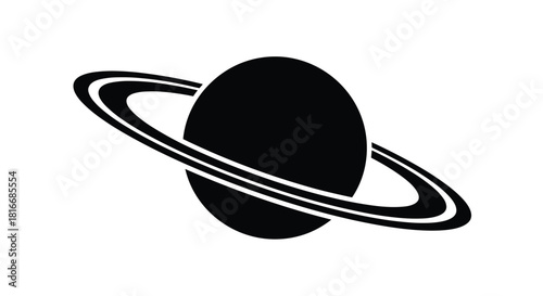 Black silhouette of a planet with rings against a white background.