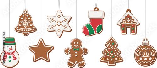 Cute gingerbread Christmas hanging ornaments including cookies, stockings, snowman, tree, and star designs for festive holiday decor, CAD drawing flat vector illustration