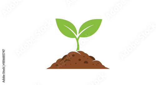 A simple illustration of a green seedling growing from a pile of brown soil.
