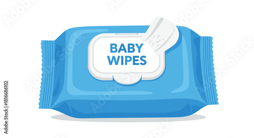 A blue packet of baby wipes with a label that reads baby wipes, illustration.