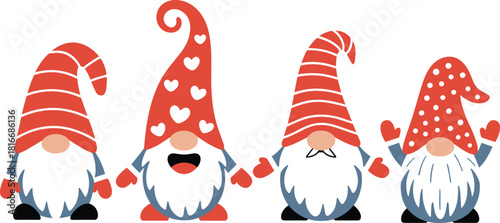 Cute Scandinavian Christmas gnome characters with long hats and beards, festive winter decoration set for holiday design and crafts, CAD drawing flat vector illustration