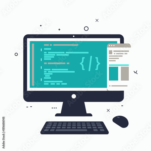 A desktop computer displaying programming code and a web development interface, illustrating software and web design.