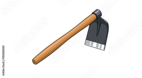 A realistic illustration of a garden hoe tool with a wooden handle and metal blade.