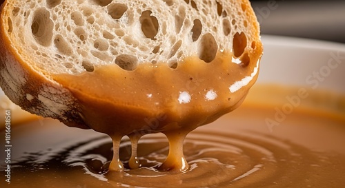 Sourdough Bread Dipped into Rich Brown Sauce Dripping Down