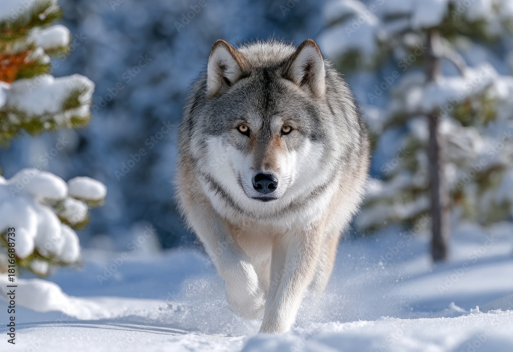 Naklejka premium an adult wolf running in the snow, with a background of trees and light.