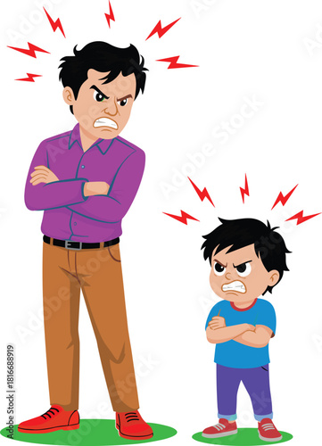 Angry father and upset child arguing together in cartoon illustration showing family conflict, tension, frustration, disagreement, emotional parenting moment, stress