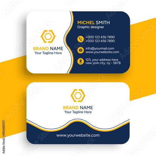 Modern professional business card template with contact information and logo design.