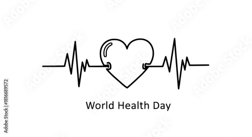 Minimalist black line art vector illustration of a heart with an EKG heartbeat pulse line, symbolizing World Health Day, health, medicine, and wellness. The image is available in EPS, PNG, and JPEG fo