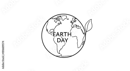 Simple line art vector illustration of Earth planet with 'Earth Day' text and a leaf icon, symbolizing global environmental protection, ecology, and sustainability. Ideal for cards, posters, web