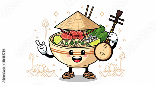 Cute Pho Noodle Bowl Character Playing Banjo.