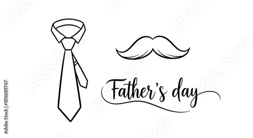 Minimalist Father's Day line art illustration featuring classic gentleman accessories like a tie and a mustache. Clean black-and-white design ideal for greeting cards, banners, and social media posts,