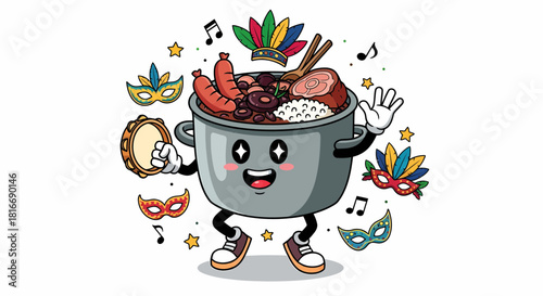 Happy cartoon feijoada pot character celebrating Brazilian Carnival.