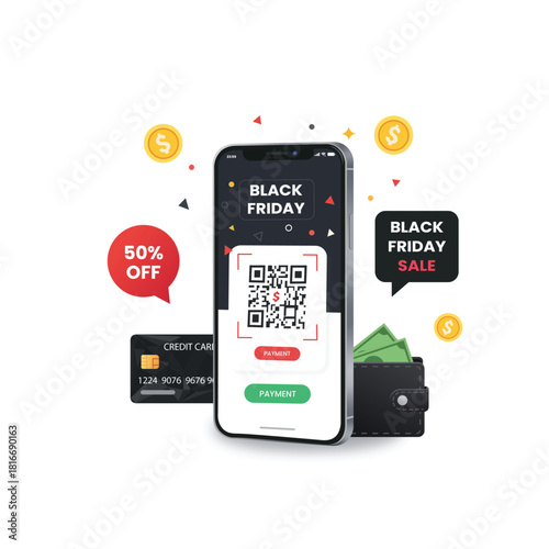 Black Friday Digital Payment via QR Code on Smartphone – E-wallet and Credit Card Flat Vector