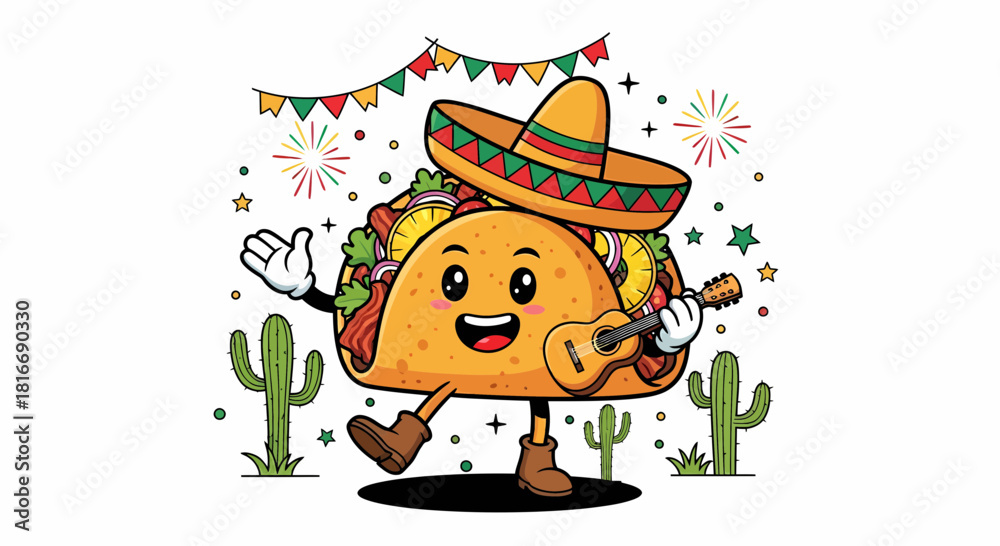 Naklejka premium Happy Taco Character Wearing Sombrero Playing Guitar