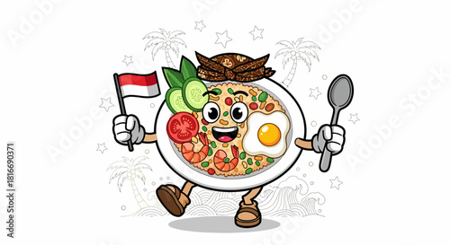 Indonesian fried rice character holding flag and spoon smiling.