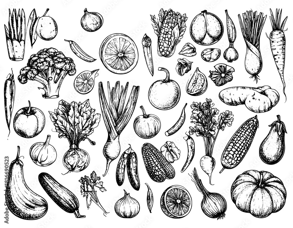 Fototapeta premium illustration vector hand drawn sets vegetables black and white