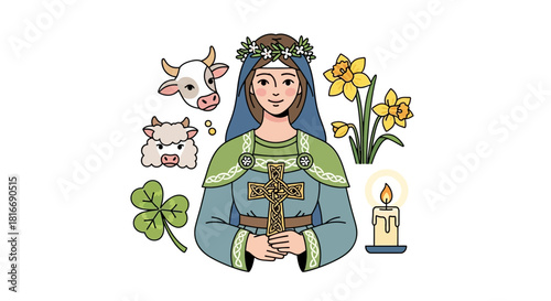 Brigid's Day Icons Girl, Cow, Sheep, Clover, Daffodils, and Candle Illustration