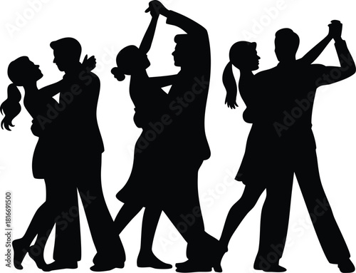 One-color silhouette vector of five dancing couples arranged gracefully, their movements forming a hidden sequential pattern in one frame, simple iconic shapes