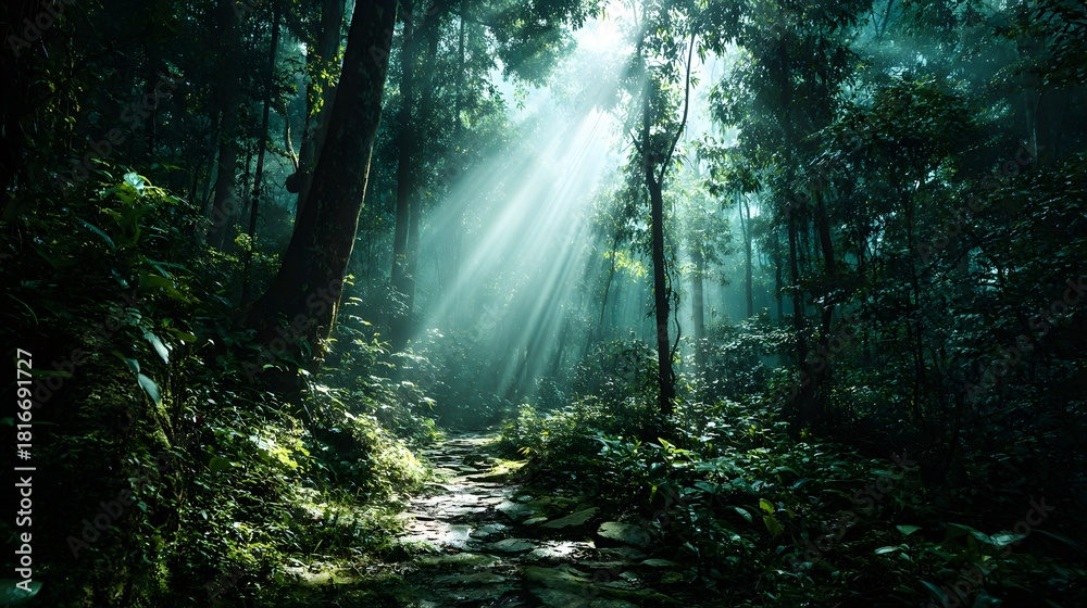 Fototapeta premium Sunbeams shining through a dark and mysterious forest path.
