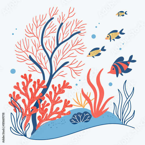Illustration of coral reef with fish and sea vegetation scene