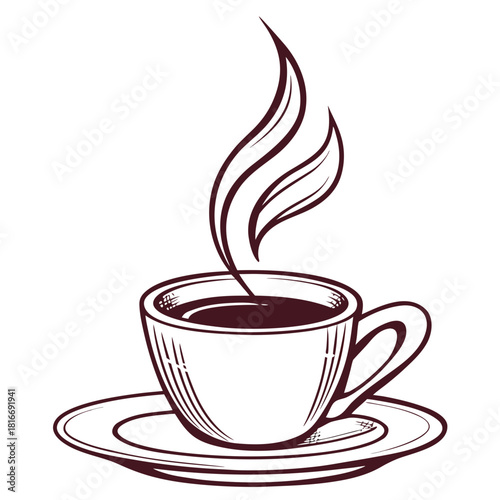 Illustration of a steaming coffee cup on a saucer sketch