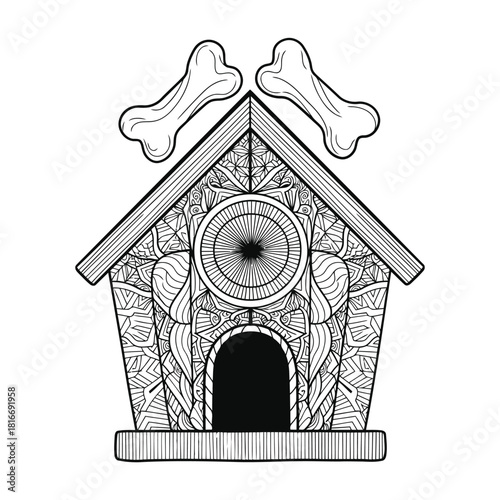 An intricately designed doghouse with a pointed roof and dog bones, illustration, high-contrast, front view