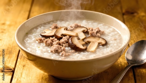 Boiled Rice porridge with minced pork and shiitake mushrooms.Thai rice soup(Khao Tom moo sap).popular breakfast in asian