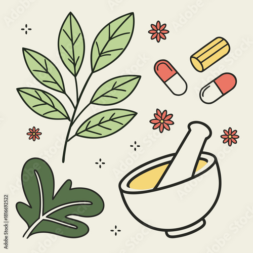 Illustration of herbal medicine with mortar and pestle set