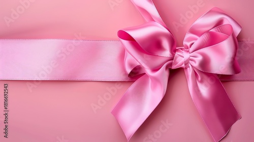Pink satin ribbon tied in a bow on pink background close up studio shot overhead view gift wrapping party decoration