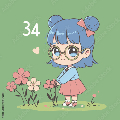 Cute chibi girl with blue hair and glasses picking pink flowers in a green field, with the number 34 and a heart.