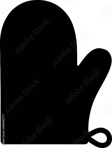 A black oven mitt silhouette with a loop for hanging against a white background for kitchen use