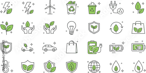 Mega Set of Green Energy, Ecology, and Environmental Line Icons Vector Illustration